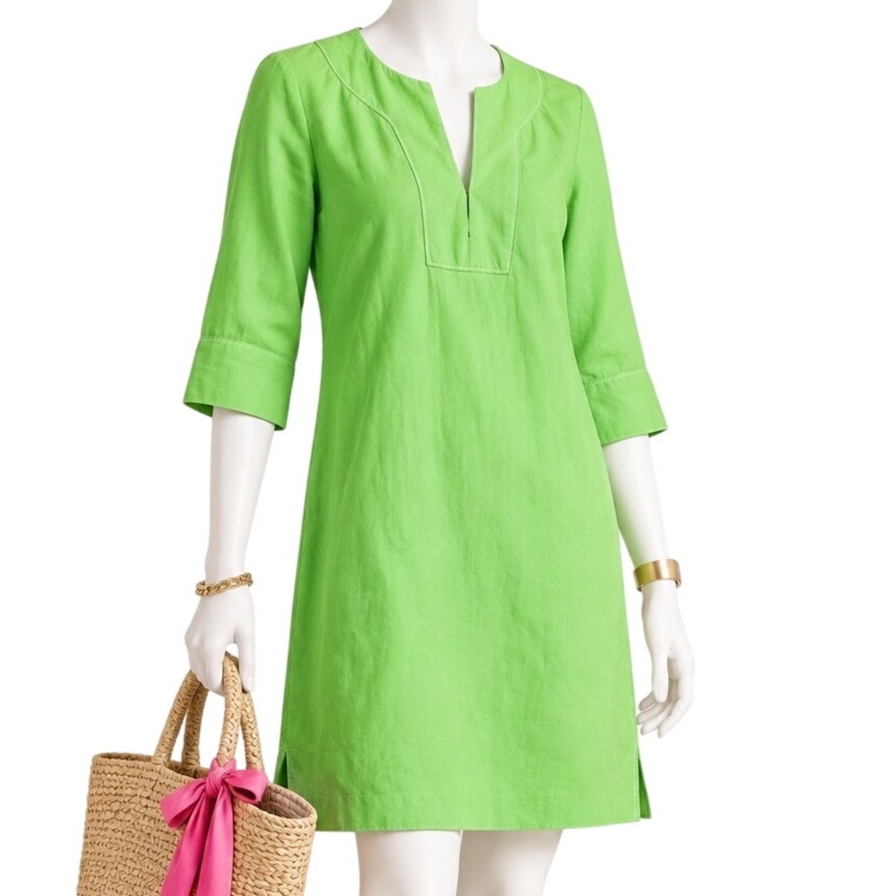 J.CREW Lime Green Linen or Linen Blend Tunic Dress Contrast Stitch | Sz S (EST)